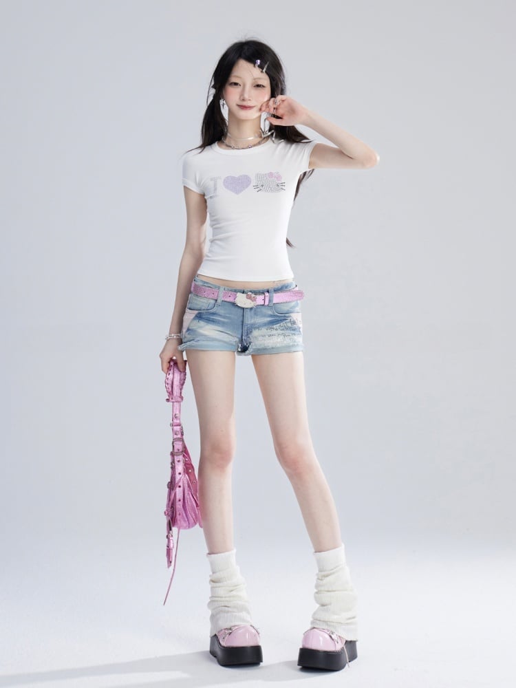 Sweet White Kitty Rhinestones Tank Top/T-Shirt