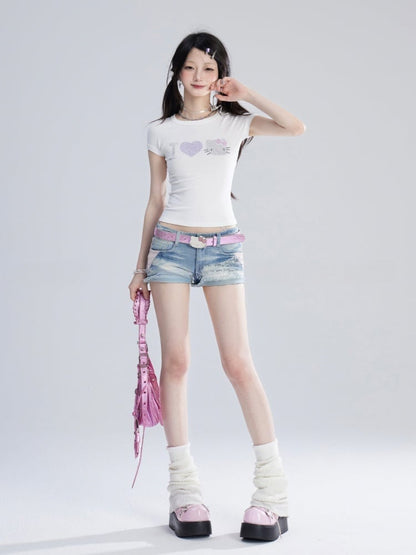 Sweet White Kitty Rhinestones Tank Top/T-Shirt