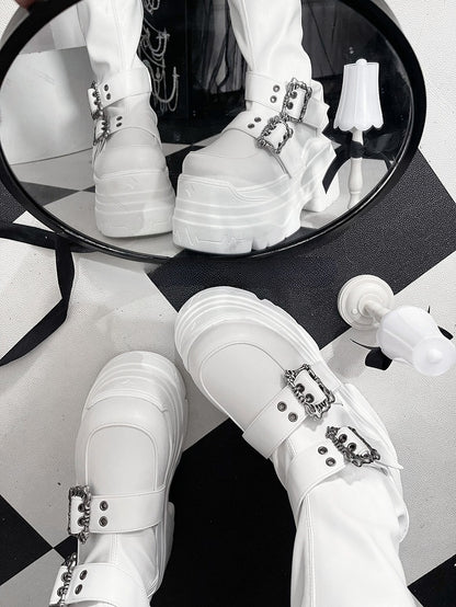 in PU Matte Over Style Clasps with White Punk Boots Decorative Zip Length Closure Inner Platform Knee
