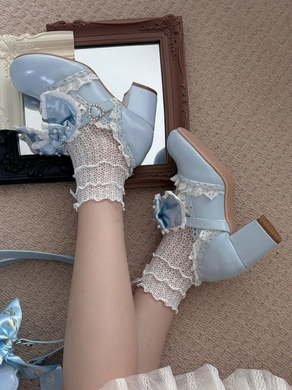 Blue Sweet Trim Mary Mid-Heel Lolita with - Style Lace Party Janes Tea
