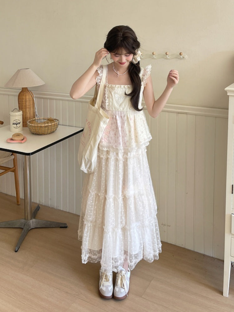 Rosa Tanktop mit flatternden Ärmeln, Schleife und Rüschen, Blumenmuster, Spitzenbesatz