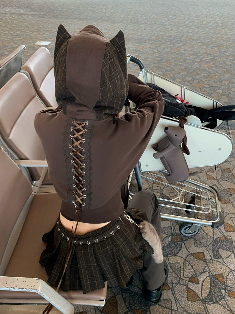 Cat Zip-up and Heart Lace Brown Hoodie with Lace-Up Applique Ear