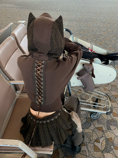 Cat Zip-up and Heart Lace Brown Hoodie with Lace-Up Applique Ear