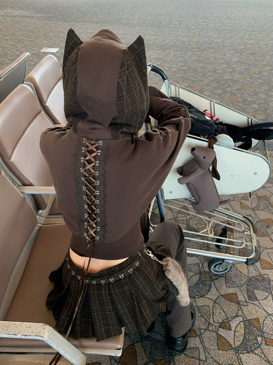 Cat Zip-up and Heart Lace Brown Hoodie with Lace-Up Applique Ear