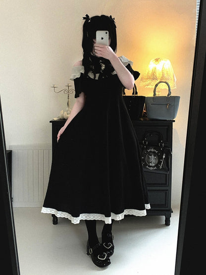 Extended Cutout Shoulder Jacquard Dress, Ruffle & Bow Trim, 4 Colors - Kitty Bxllet
