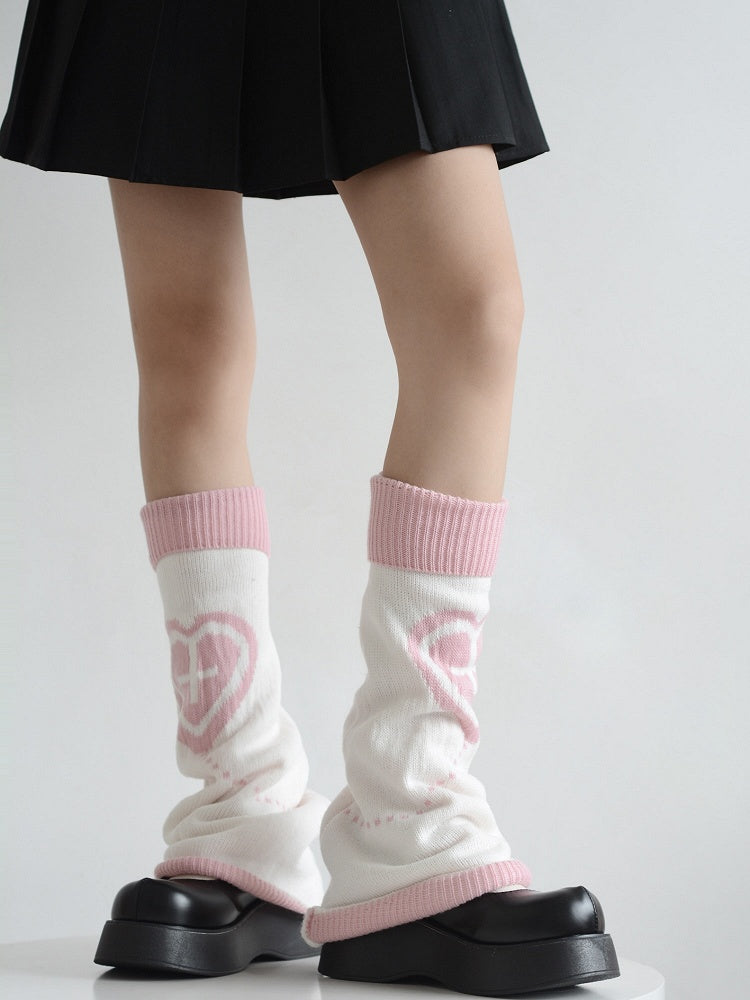 Pink Heart & Cross Pattern Black/White Flared Knitted Leg Warmers
