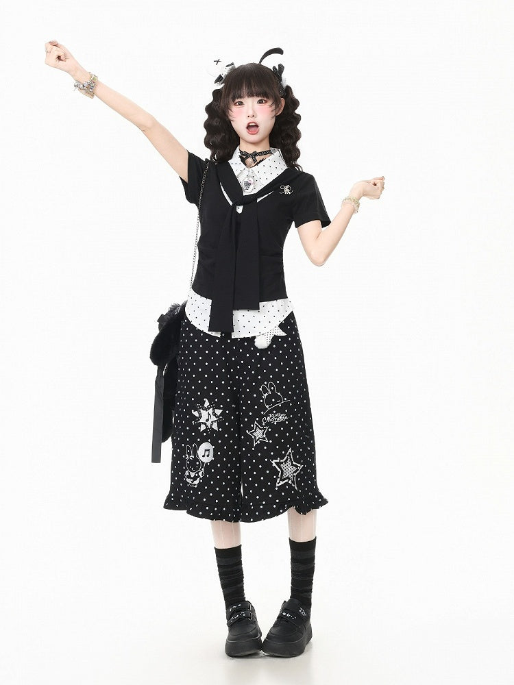 Waist-Cinched Tie-Front Faux Two-Piece Tee in Monochrome Polka Dot - Languid Park