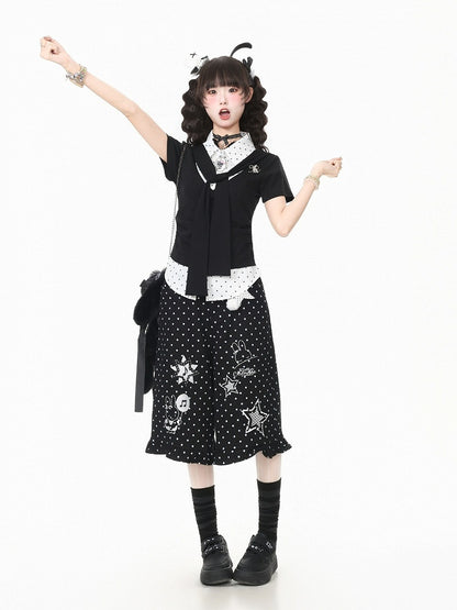 Waist-Cinched Tie-Front Faux Two-Piece Tee in Monochrome Polka Dot - Languid Park