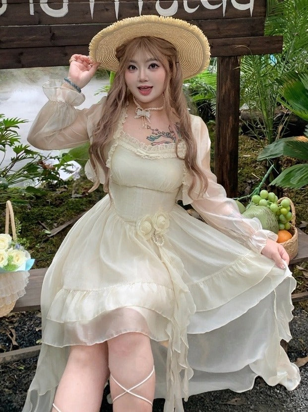 Kawaii Floral Decorated Dress with Asymmetrical Hem - Hard Candy