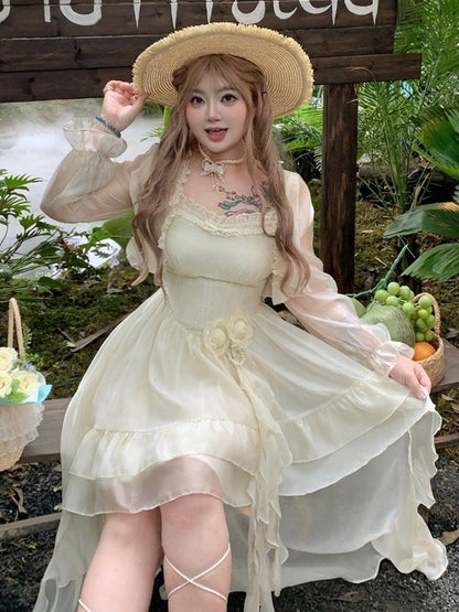 Kawaii Floral Decorated Dress with Asymmetrical Hem - Hard Candy