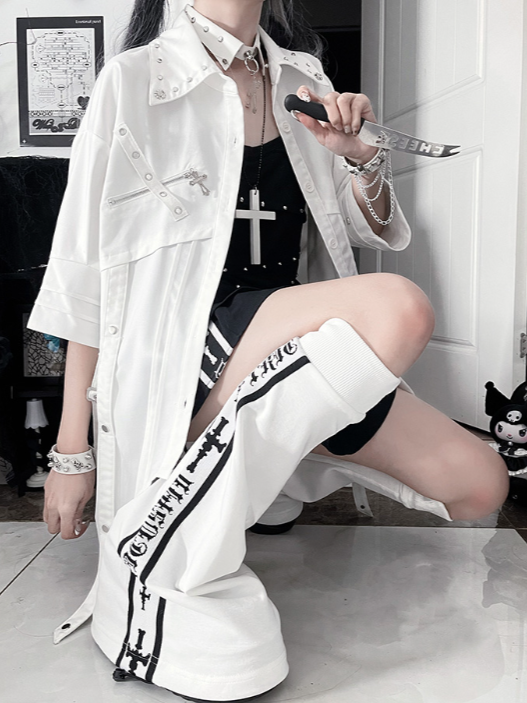 Collar White Shirt Asymmetrical Short-Sleeve Studded Hem with Punk