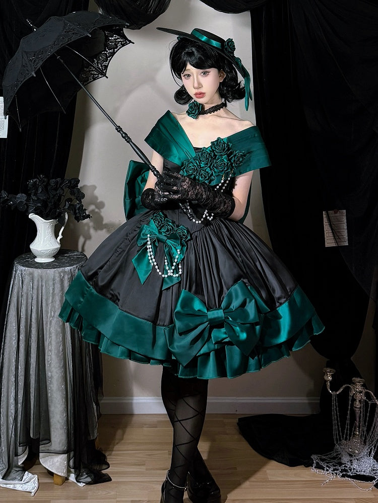 Green Black Off-Shoulder Boned Lolita Gown - Treasure Box Factory
