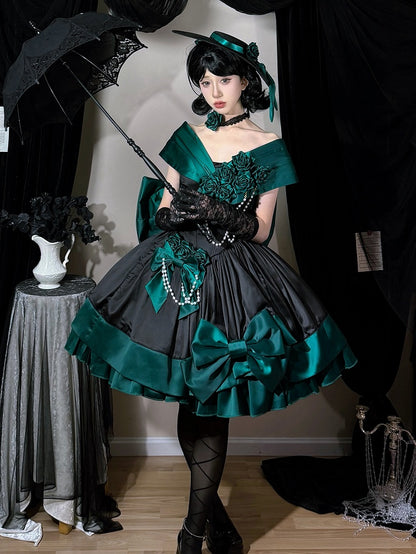 Green Black Off-Shoulder Boned Lolita Gown - Treasure Box Factory