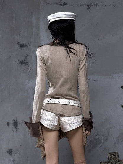 Collar Knit Gold Vintage Braid Punk Brown Military Khaki Suede with Top Notched