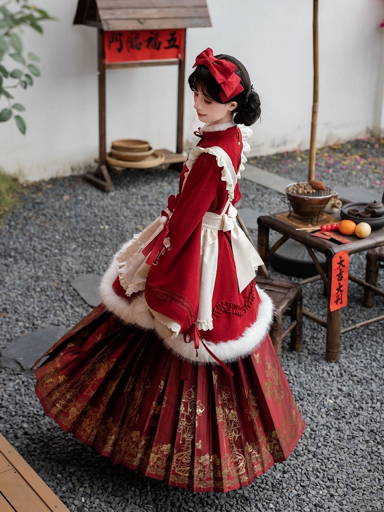 Horse-face Pins + Red Leg Bow Embroidery Warmers Apron OP Han KC Skirt Floral Brooch Lolita