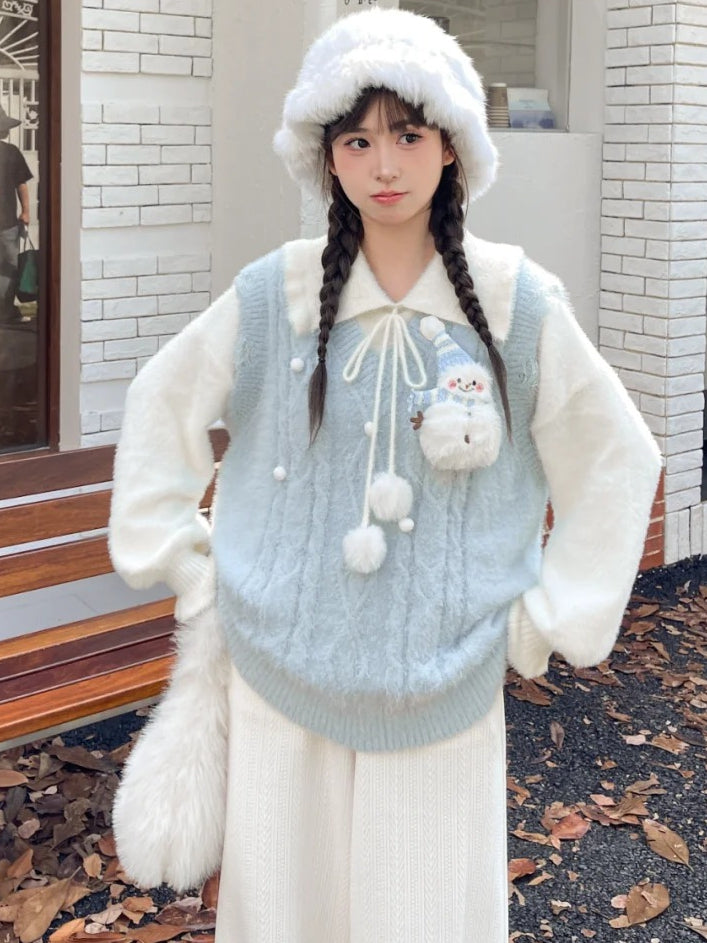 Cute Snowman Adorned Blue V-neck Mohair Vest