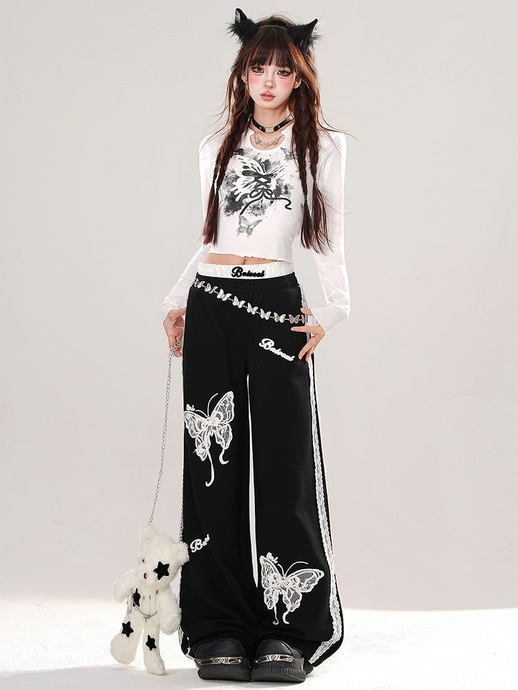 Black/White Lace Butterfly at Back Graphic Cropped Top