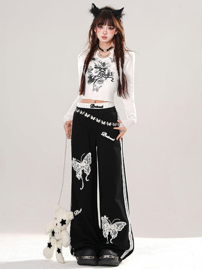 Black/White Lace Butterfly at Back Graphic Cropped Top