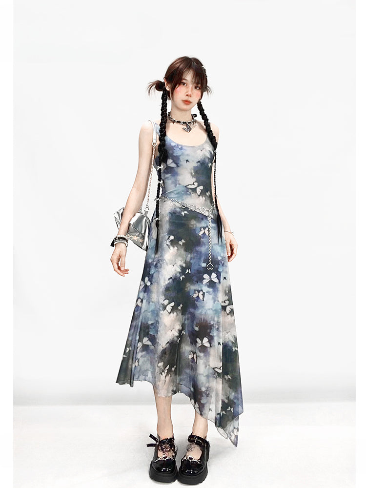 Y2K Vintage Blue Butterfly Print Oil Painting Slim-fitting Slip Dress