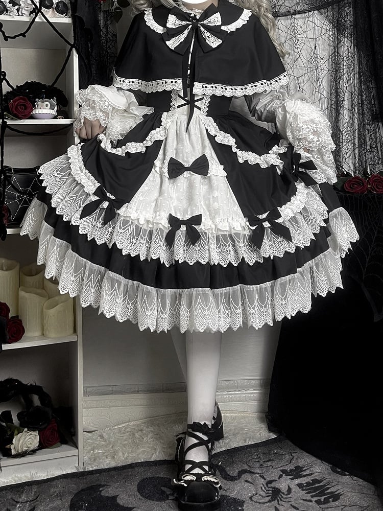 Schwarz-weißes Old School Lolita Fashion Kleid Bowknot Lolita JSK Set