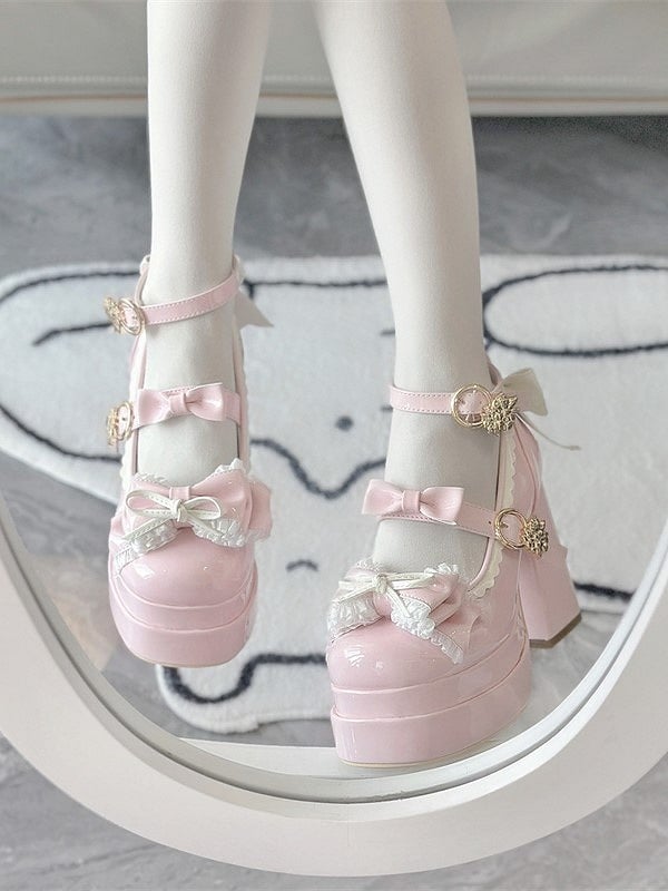 Details Mary PU with High-heel Shoes Elegant 11cm Light Lolita Jane Bow Pink
