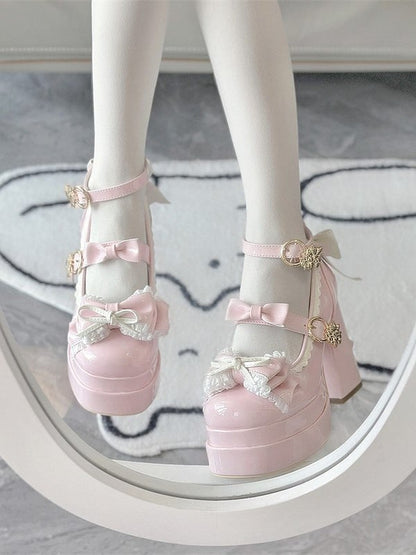 Details Mary PU with High-heel Shoes Elegant 11cm Light Lolita Jane Bow Pink