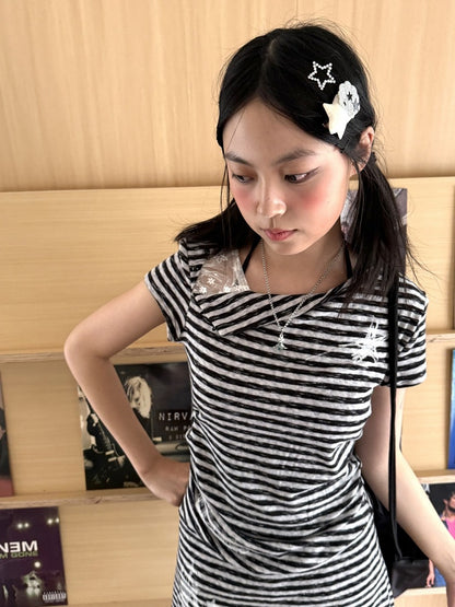 Dress Asymmetrical Collar Sleeve Detail Patchwork and Striped Short with Star