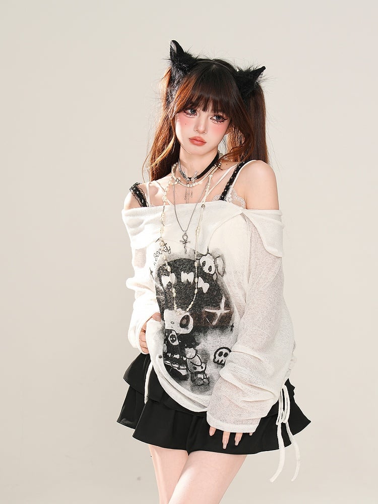 Rebellious Witch Schwarz/Weiß/Grau Ausschnitt Sonne Off-the-Shoulder Schutz Grafik Top