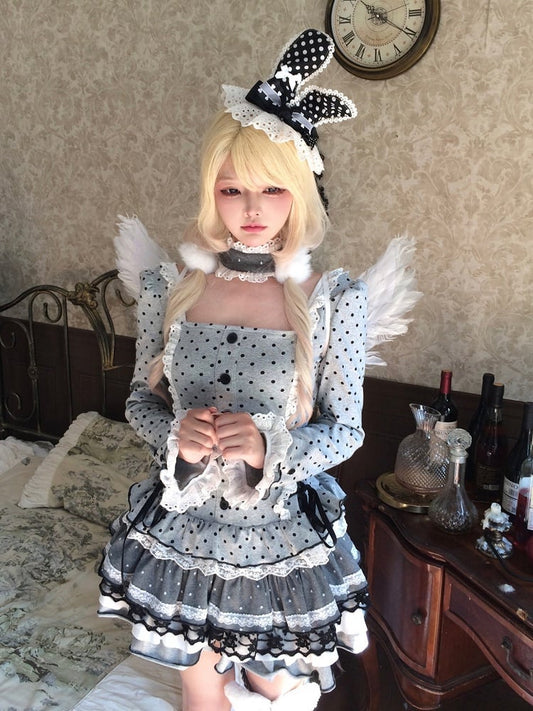 Dress Lace-Up Tiered Details Lace - Choker Polka-dot Skirt Grey Trim with Side