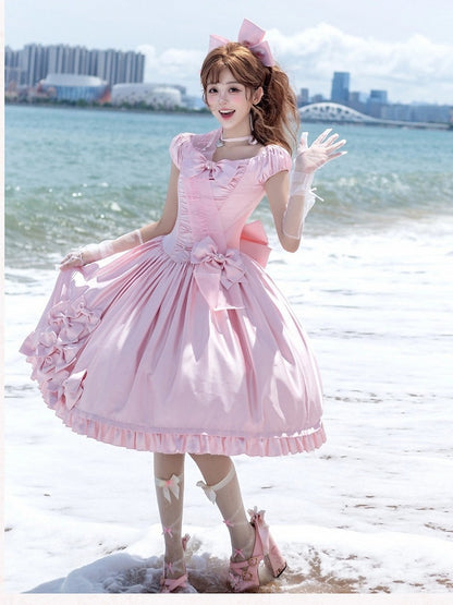 Soft Pink Lolita OP Dress with Satin, Lace and Butterfly Bowknot Details - Snow Lolita