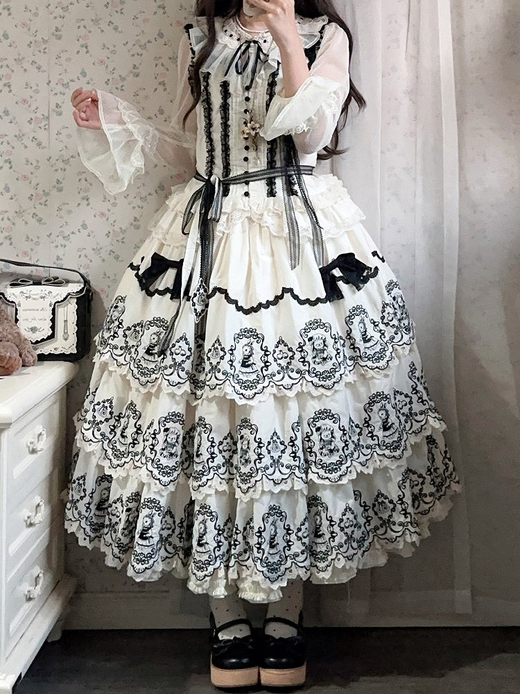 Lolita with Edge Scalloped Layered Elegant Trim Black Rabbit Pattern White Skirt