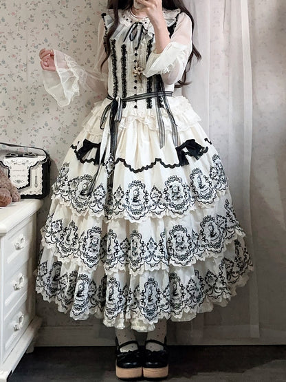 Lolita with Edge Scalloped Layered Elegant Trim Black Rabbit Pattern White Skirt