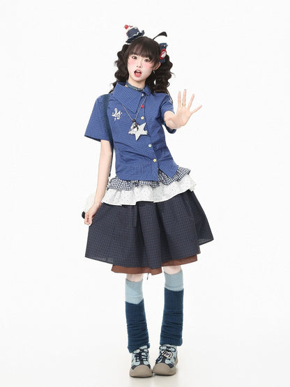 Dark Blue Asymmetric Shirt with Star Necklace - Languid Park