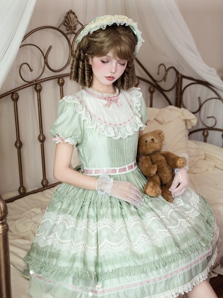 Short Green Puff Sleeve Lace Trim Elegant Lolita Dress - Pumpkin Planet