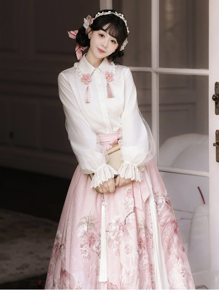 Pink Floral Accent Chinese-Inspired Lolita Blouse in White, Long-Sleeved - Han Ru Chu Hanfu &amp; Han-Element Studi