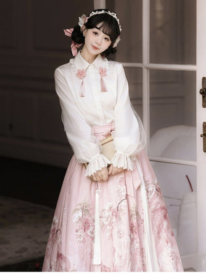 Pink Floral Accent Chinese-Inspired Lolita Blouse in White, Long-Sleeved - Han Ru Chu Hanfu &amp; Han-Element Studi