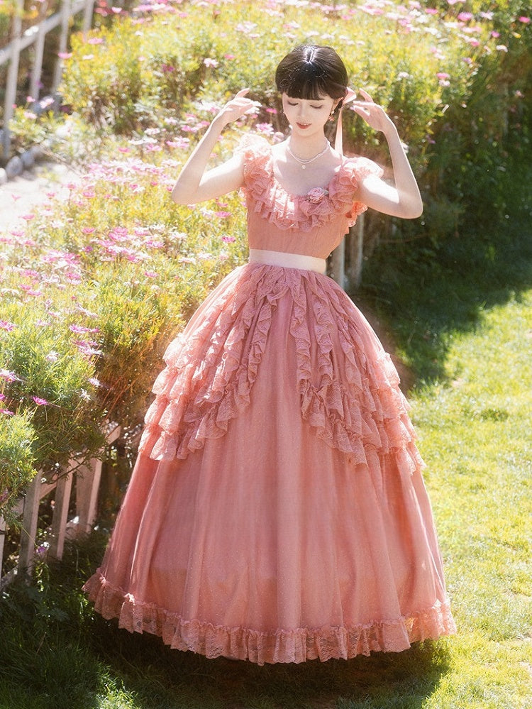 Wine Red/Pink Vintage Lace Ruffle Trim Off-the-shoulder Neckline  Dress