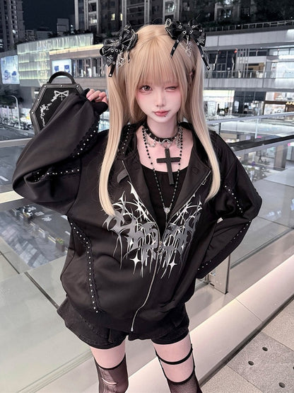 Distressed Black Thorn Graphic Jirai-Kei Hooded Jacket with Stud Accents - Puppet Bombs