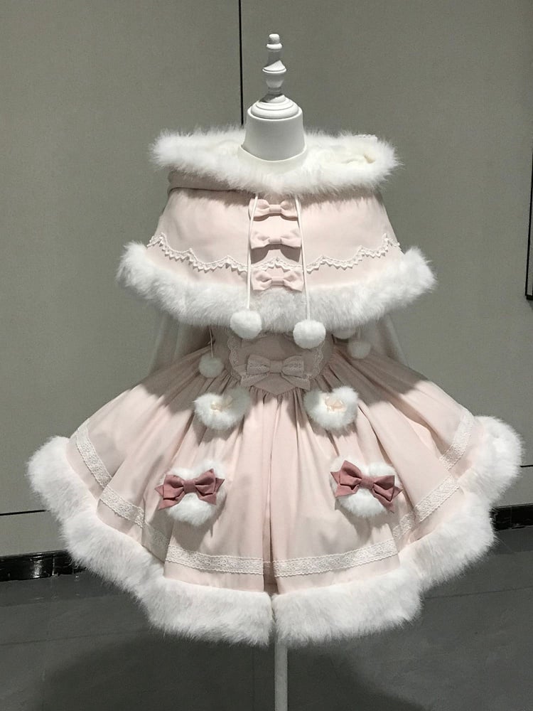 Plush Hooded Trimming Cape Bunny Pink White Winter Ears with