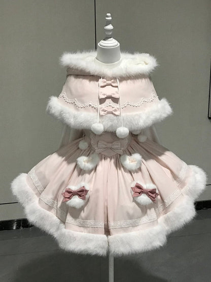 Plush Hooded Trimming Cape Bunny Pink White Winter Ears with