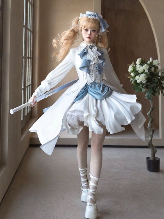 Waistcoat Prince Ouji Tie Tailcoat Siren Jabot Vest Embroidery Dark with Long Lolita White Ribs