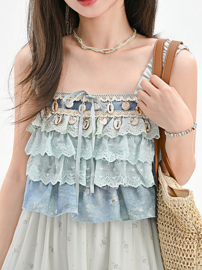 ノースリーブトップ シェルチャーム ティアードフリル ブルー