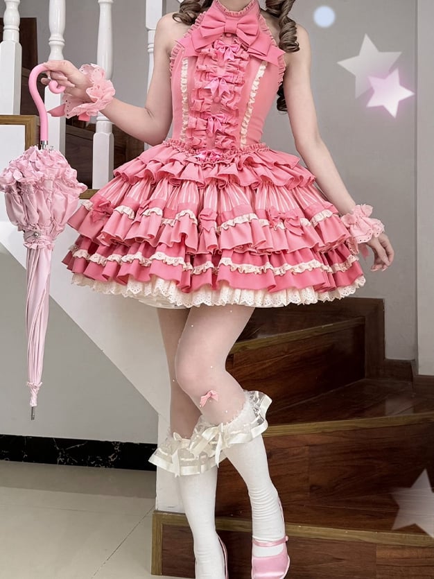 Süßes Schleifenkleid mit Rüschenakzenten, Lolita, rosa, gestufter Neckholder, Rosenhalsrock, Idol