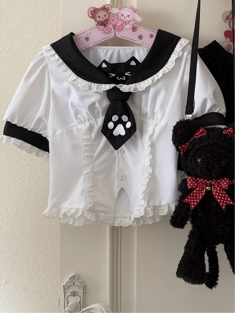 T-shirt Collar Sailor with White Tie Black Paw Kitty-Ear Embroidered