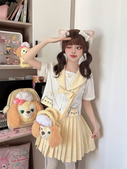 Yellow & White Sailor Collar Kitty Embroidery JK Uniform Top