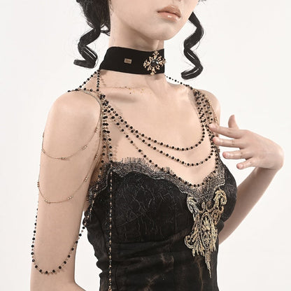 Multi-Layered Shoulder Black Choker Velvet with Chains Gothic
