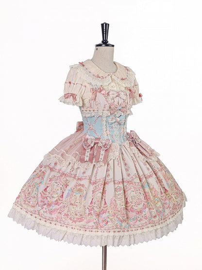 Doll Theme JSK Dress in Blue & Pink with Bow Accents, Lolita Style - Alice Girl