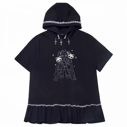 Black Cross Charms Contrast Girl Trim Dress Print Hooded Bittersweet Lace