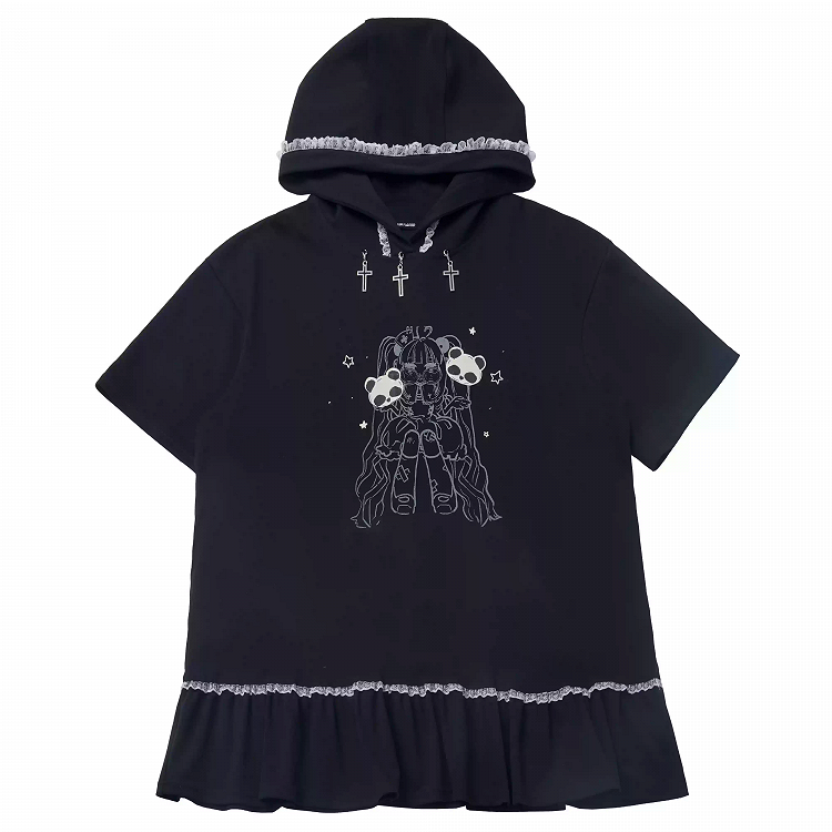 Girl Print Cross Dress Bittersweet Lace Contrast Hooded Trim Black Charms