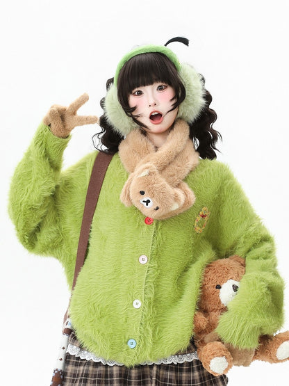 Buttons Colorful Daily V-neck Kawaii Green with Design Bunny Cardigan